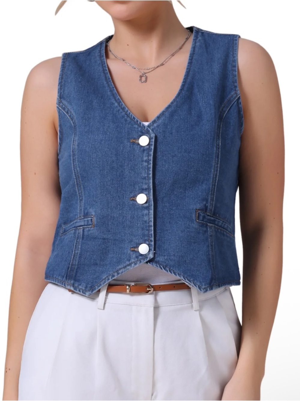 Women's Sleeveless V Neck Button Down Crop Denim Vest M
